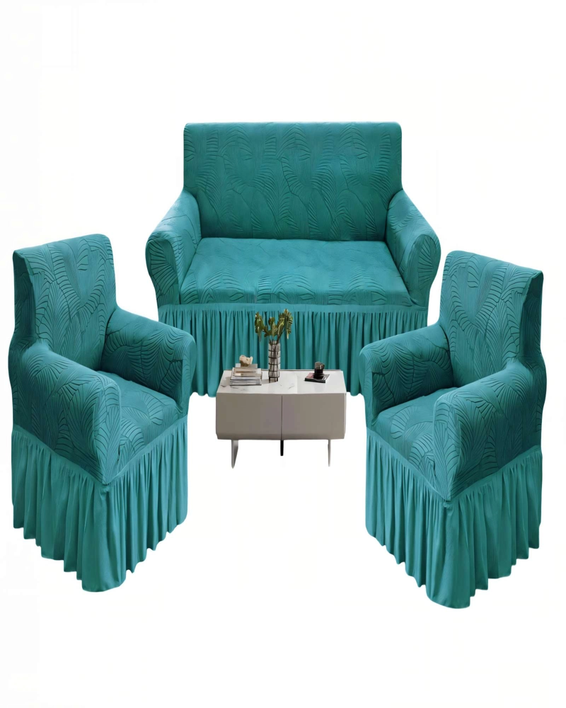SET DE FUNDAS DE SOFA 3+1+1 CON DISEÑO EN FORMA DE HOJA CON VELO 3-1-1 COLOR TURQUESA - 1