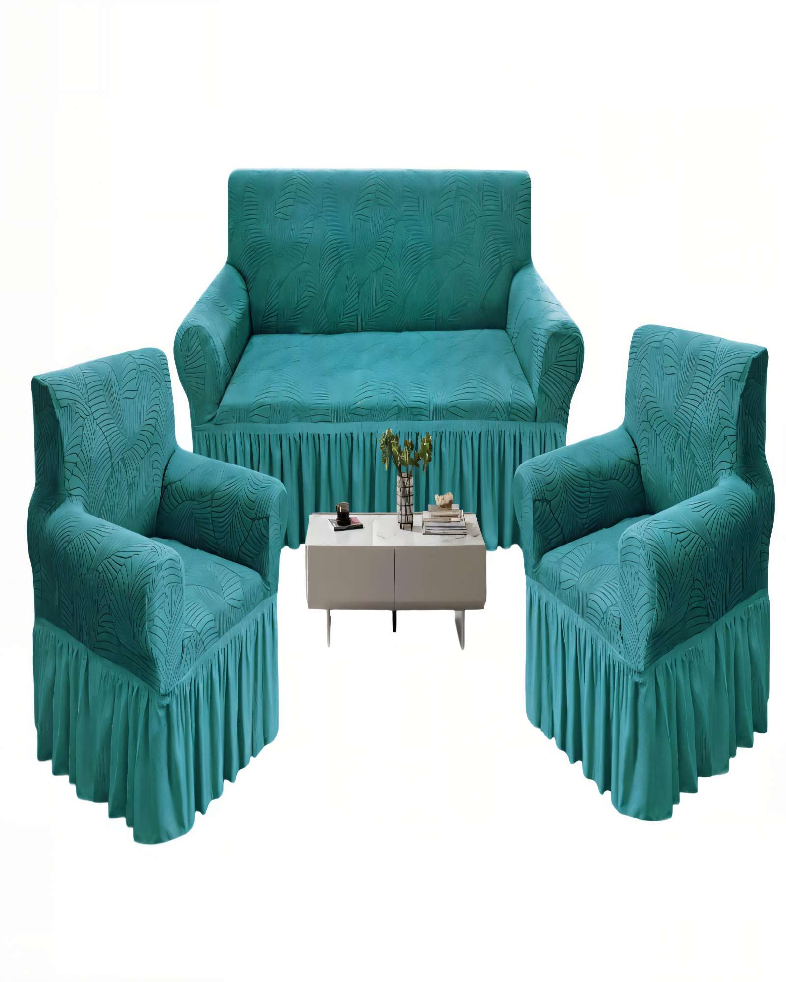 SET DE FUNDAS DE SOFA 3+1+1 CON DISEÑO EN FORMA DE HOJA CON VELO 3-1-1 COLOR TURQUESA - 2