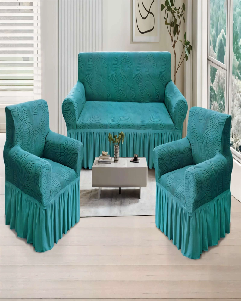 SET DE FUNDAS DE SOFA 3+1+1 CON DISEÑO EN FORMA DE HOJA CON VELO 3-1-1 COLOR TURQUESA - 4