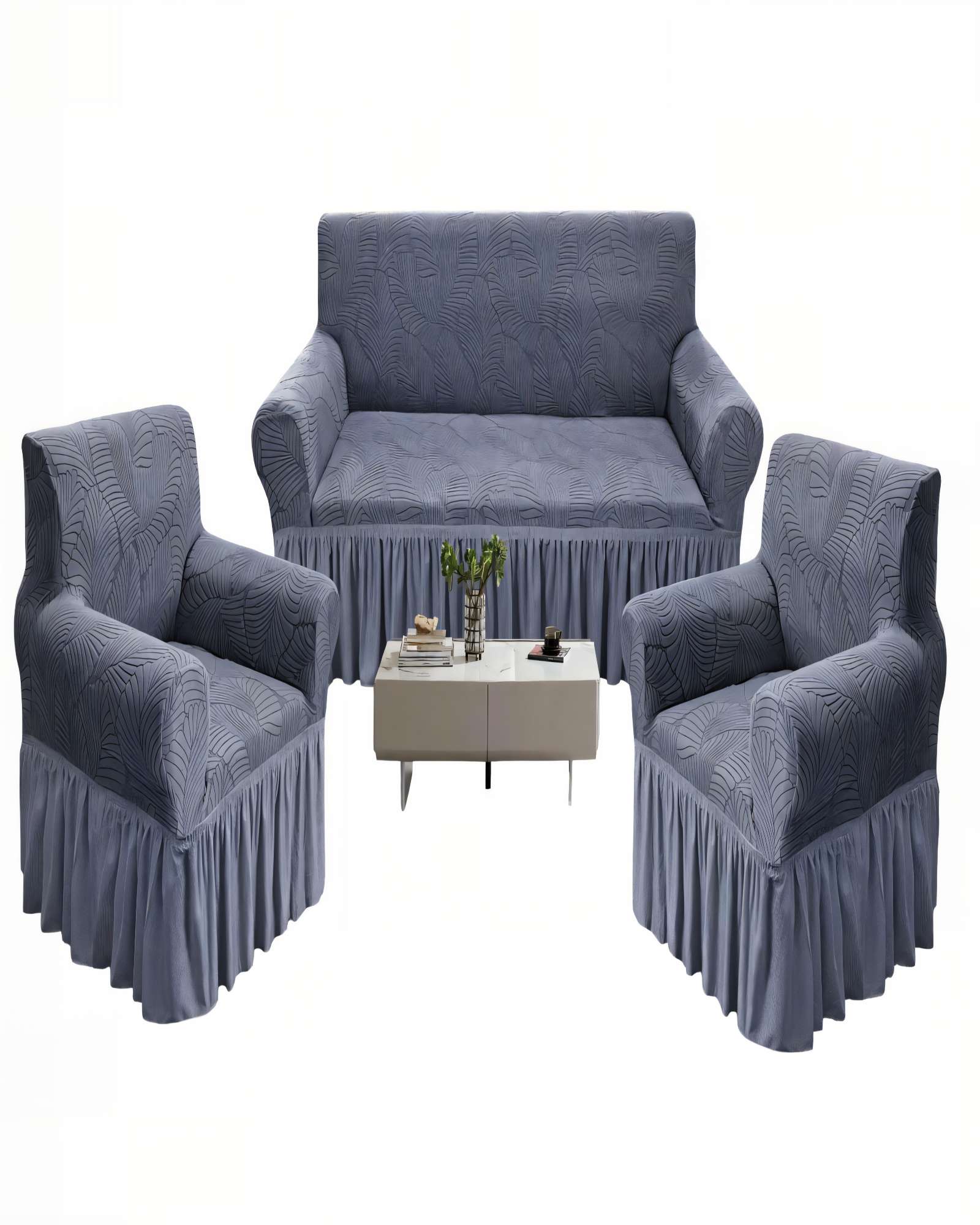 SET DE FUNDAS DE SOFA 3+1+1 CON DISEÑO EN FORMA DE HOJA CON VELO 3-1-1 COLOR GRIS - 1