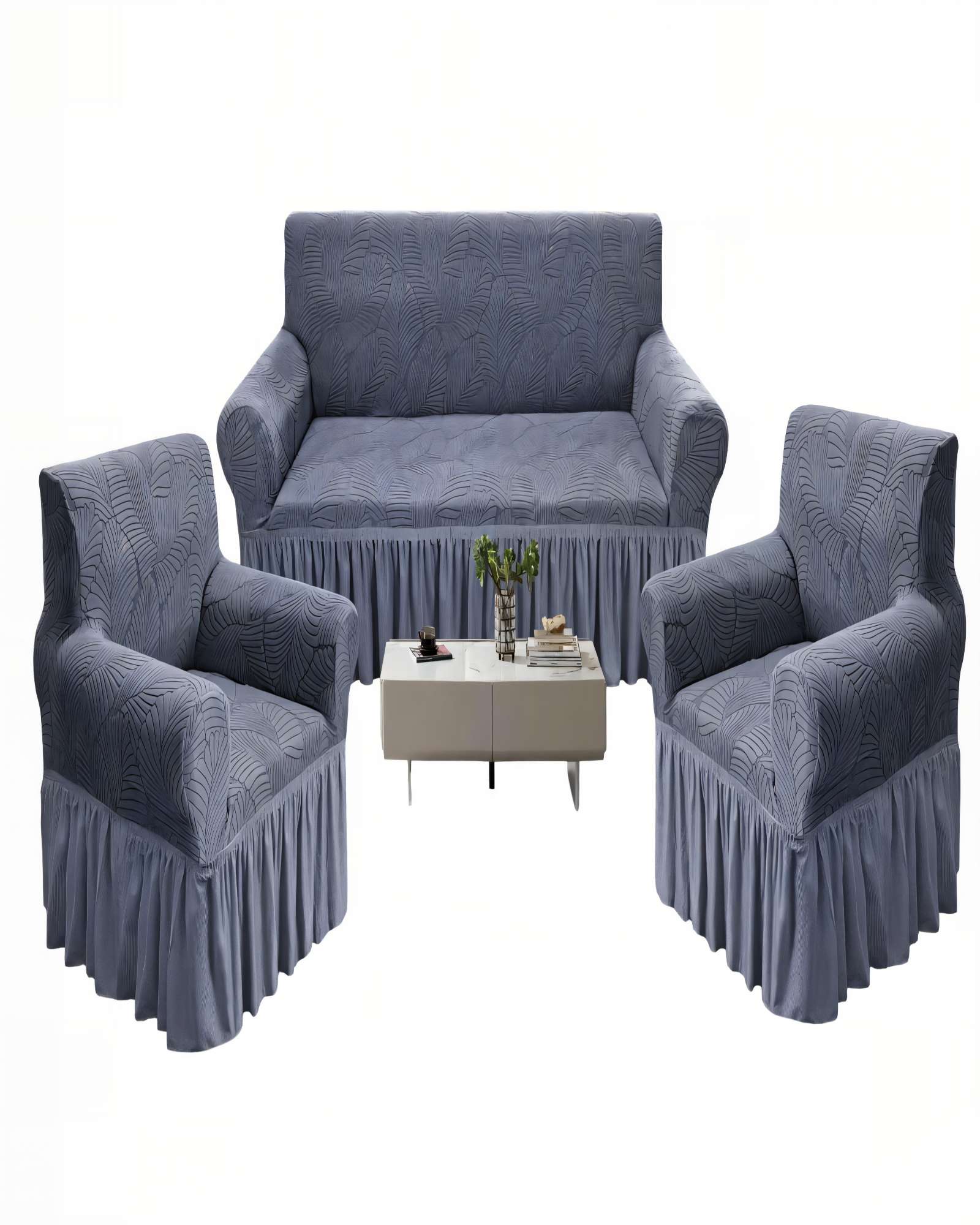 SET DE FUNDAS DE SOFA 3+1+1 CON DISEÑO EN FORMA DE HOJA CON VELO 3-1-1 COLOR GRIS - 2