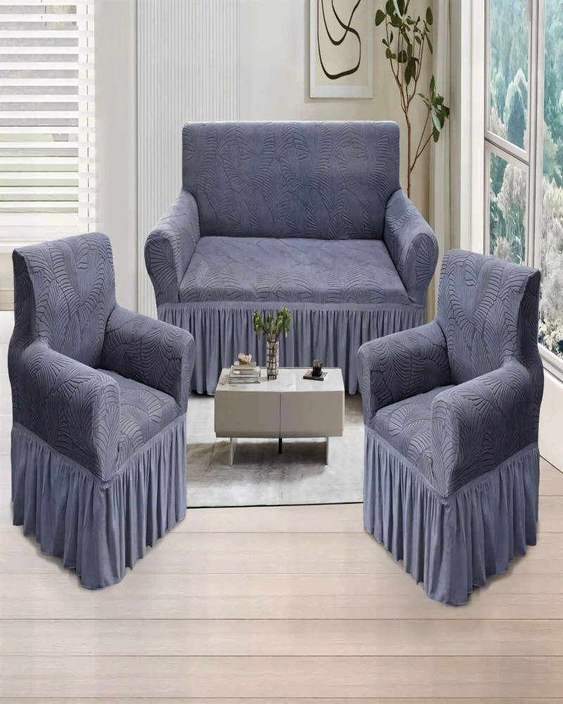 SET DE FUNDAS DE SOFA 3+1+1 CON DISEÑO EN FORMA DE HOJA CON VELO 3-1-1 COLOR GRIS - 4