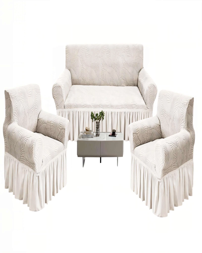 SET DE FUNDAS DE SOFA 3+1+1 CON DISEÑO EN FORMA DE HOJA CON VELO 3-1-1 COLOR BLANCO - 1