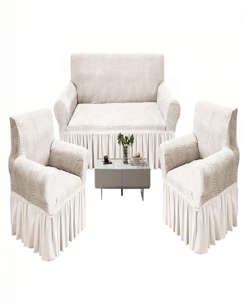 SET DE FUNDAS DE SOFA 3+1+1 CON DISEÑO EN FORMA DE HOJA CON VELO 3-1-1 COLOR BLANCO - 2