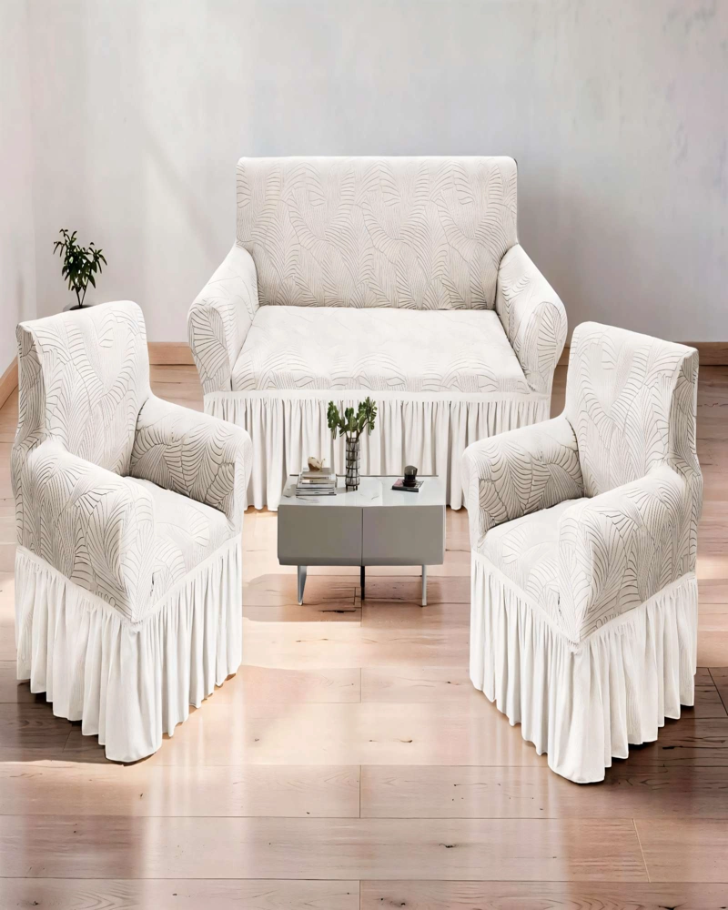 SET DE FUNDAS DE SOFA 3+1+1 CON DISEÑO EN FORMA DE HOJA CON VELO 3-1-1 COLOR BLANCO - 3