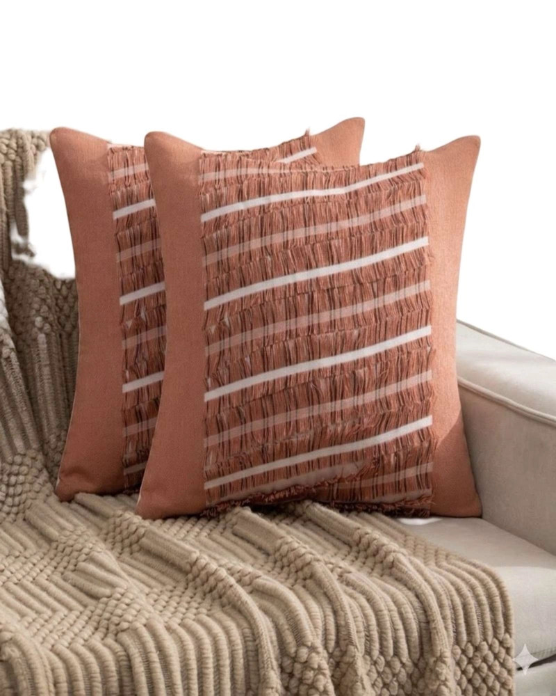 SET DE 2 FUNDAS DE COJIN CHENILLE CON FLECOS TERRACOTA - 1