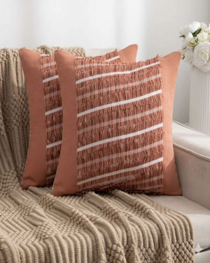 SET DE 2 FUNDAS DE COJIN CHENILLE CON FLECOS TERRACOTA - 3