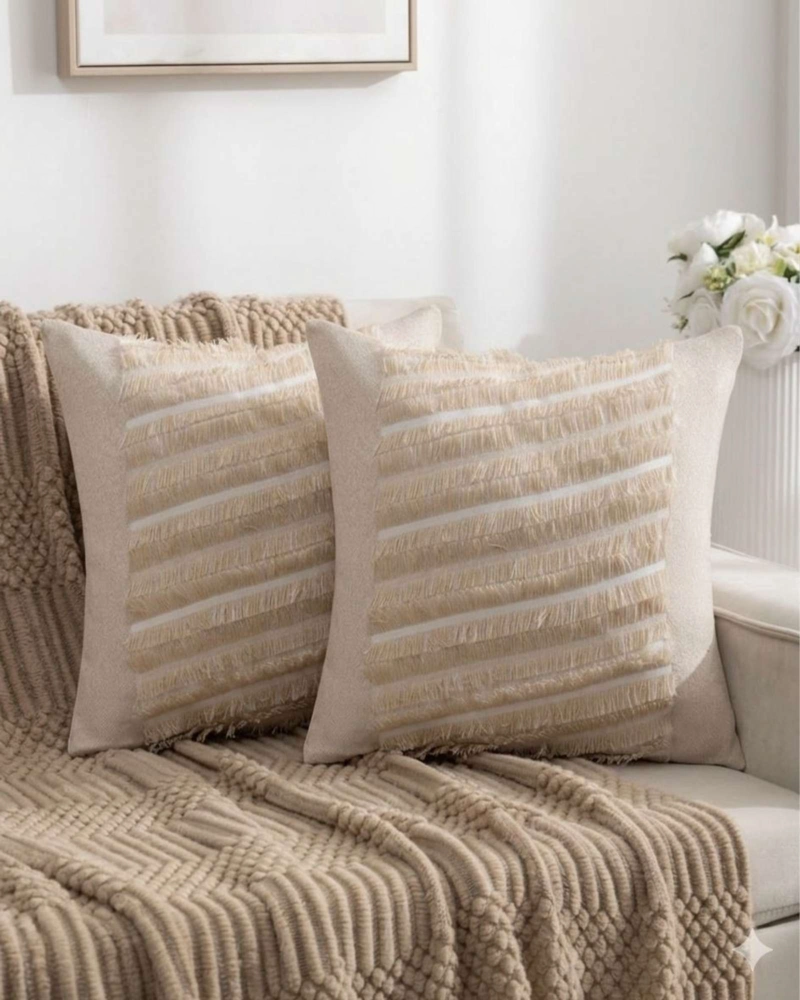 SET DE 2 FUNDAS DE COJIN CHENILLE CON FLECOS BEIGE - 3