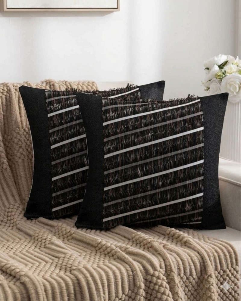 SET DE 2 FUNDAS DE COJIN CHENILLE CON FLECOS NEGRO - 3