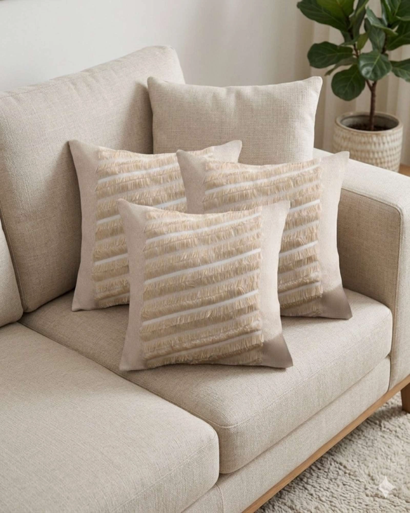 SET DE 3 FUNDAS DE COJIN CHENILLE CON FLECOS BEIGE - 3
