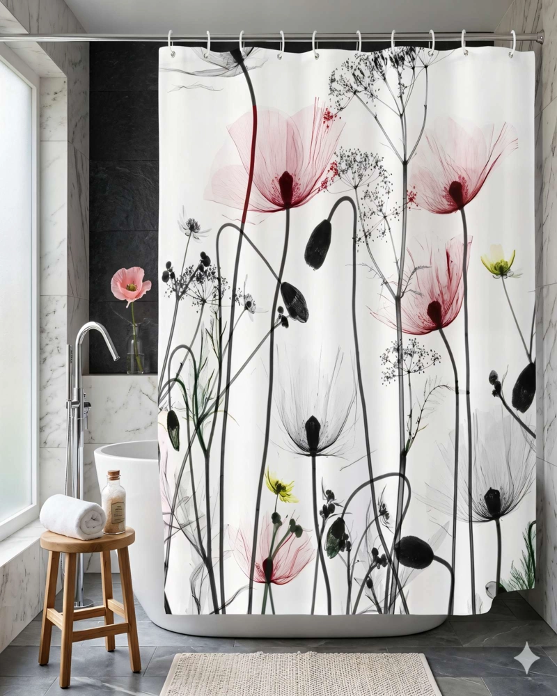 CORTINA DE BAÑO DE TELA IMPERMEABLE MAS FORRO CON DISEÑO FLOREADO F4 - 3