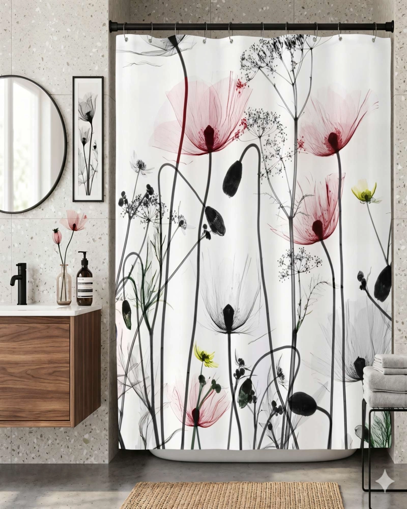 CORTINA DE BAÑO DE TELA IMPERMEABLE MAS FORRO CON DISEÑO FLOREADO F4 - 4