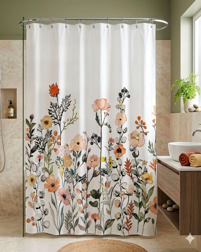CORTINA DE BAÑO DE TELA IMPERMEABLE MAS FORRO CON DISEÑO FLOREADO F3 - 4