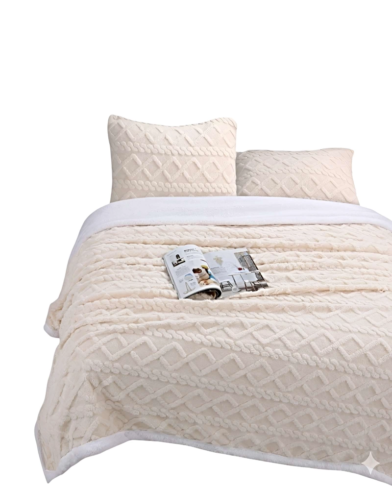 FRAZADA TEXTURIZADA CON SHERPA PLAZA Y MEDIA BEIGE - 1