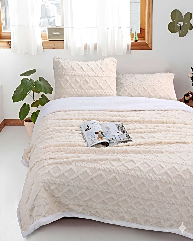 FRAZADA TEXTURIZADA CON SHERPA PLAZA Y MEDIA BEIGE - 4