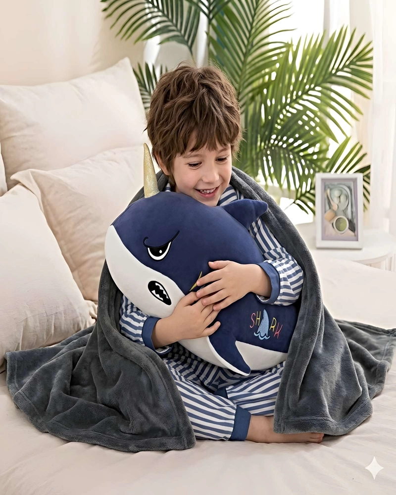 PELUCHE ALMOHADILLA DECORATIVA + MANTA TE RMICA DE 1 PLAZA AZUL MARINO - 3