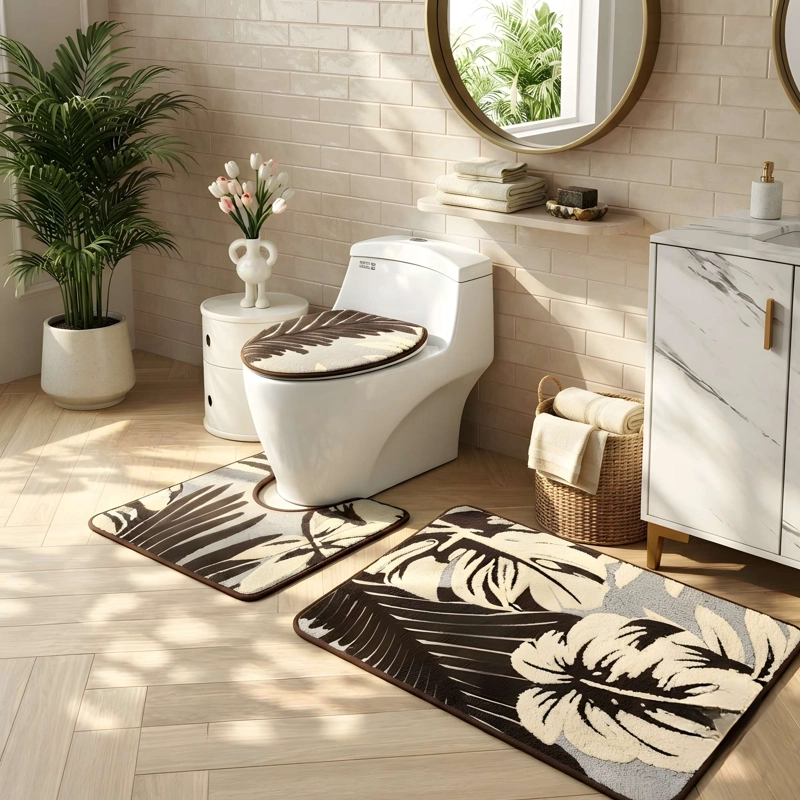 JUEGO PARA BAÑO DE 3 PIEZAS CON DISEÑO FLOR COLOR MARRON - 2