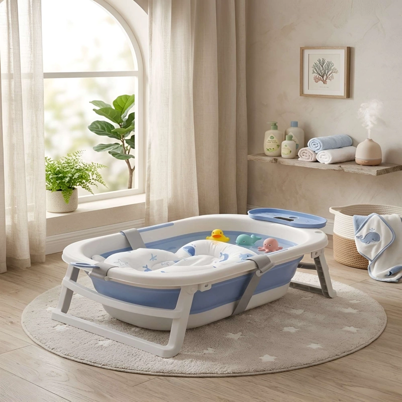 BAÑERA CON TERMOMETRO Y COJIN DE APOYO CON DISEÑO DE BALLENAS COLOR AZUL - 2