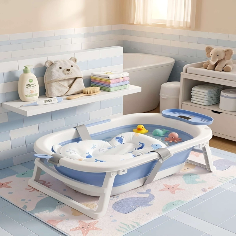 BAÑERA CON TERMOMETRO Y COJIN DE APOYO CON DISEÑO DE BALLENAS COLOR AZUL - 3