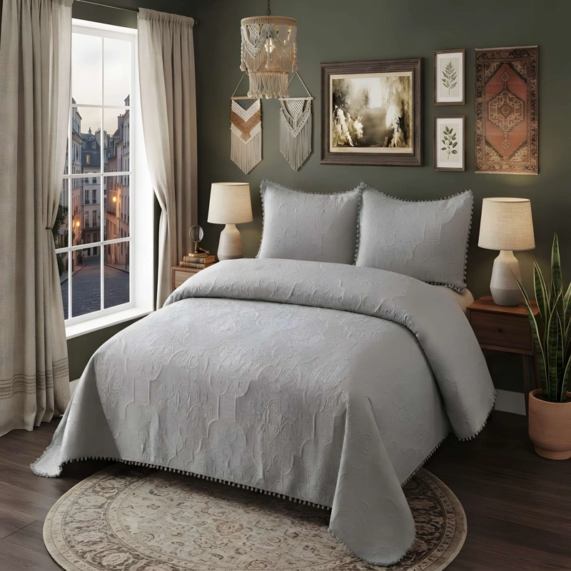 CUBRECAMA CON POMPONES 1,5P COLOR GRIS - 3