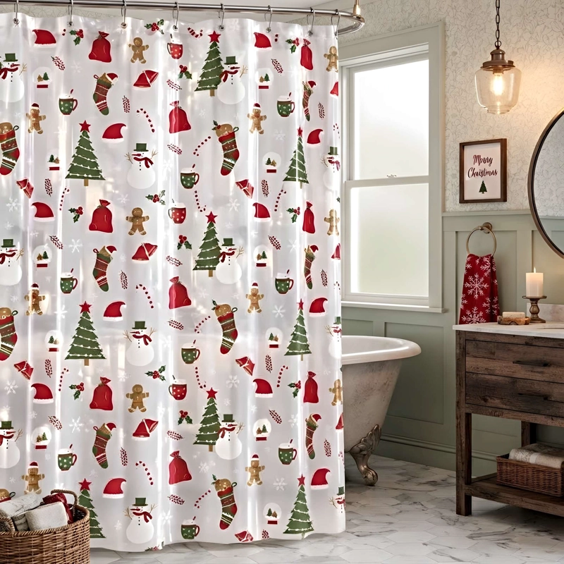 CORTINA DE BAÑO DE NAVIDAD MAS FORRO N04 - 1