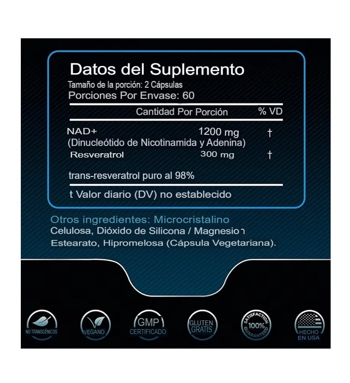 NAD+ 1200 MG - RESVERATROL 300 MG - 60 CAPSULAS. - 2