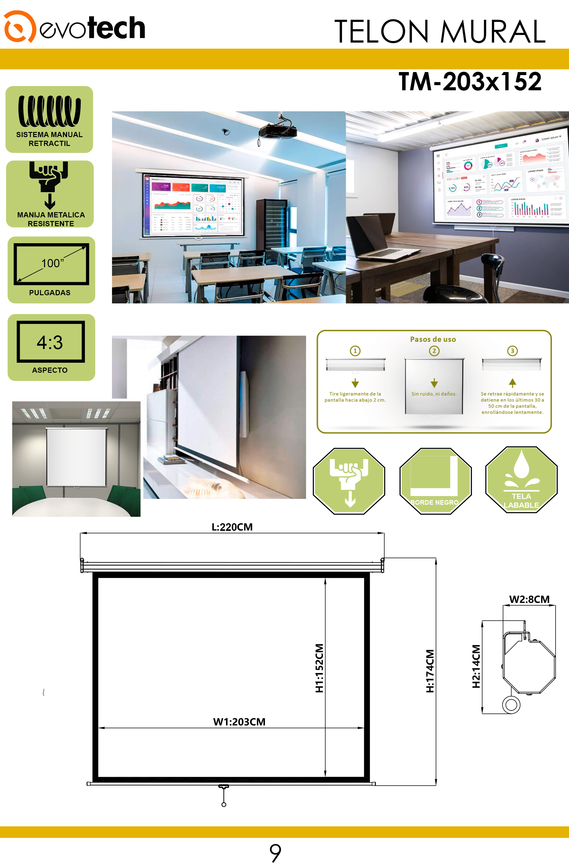 TELÓN EVOTECH TM-203X152 MANUAL 203X152 CM , MECANISMO RETRACTIL - 5