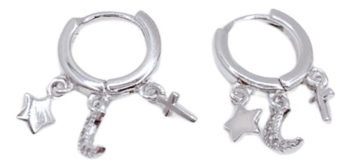 AROS ARGOLLA ESTRELLA LUNA CRUZ, CIRCONES, PLATA 925, REGALO PLATEADO - 1