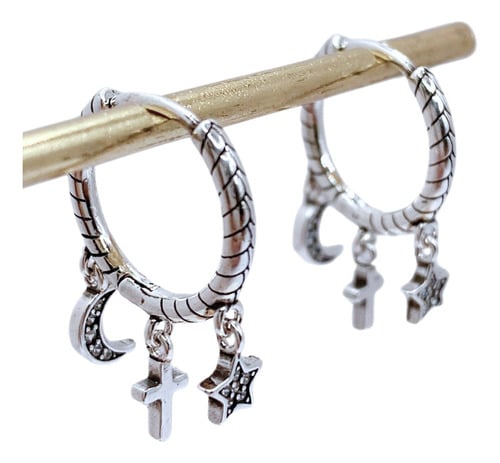 AROS ARGOLLA TALLADA ESTRELLA LUNA CRUZ, CIRCONES, PLATA 925 PLATEADO - 1