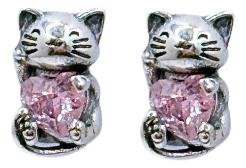 AROS GATITO CON CORAZON, CIRCONITAS PLATA 925, REGALO NIÑA PLATEADO - 1