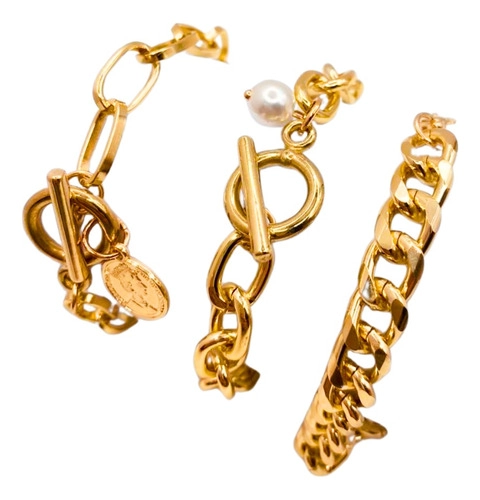 PULSERA TRIPLE PERLAS Y MEDALLA, METAL DORADO, OT, REGALO DORADO 6 CM 20 CM - 1
