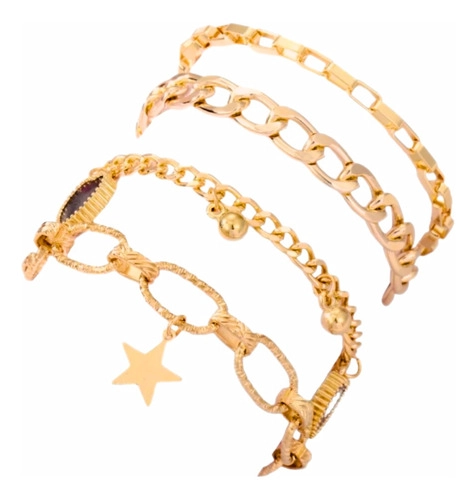 PULSERA CUADRUPLE MODERNA, METAL DORADO REGALO MUJER CORAZON DORADO 21 CM - 1