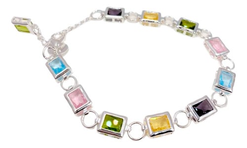 PULSERA PLATA 925, ESLABONES CIRCONES COLORES, REGALO MUJER PLATEADO 20.32 CM 50.8 CM - 1