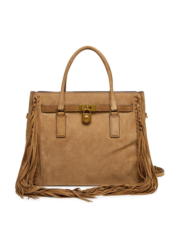 CARTERA MICHAEL KORS HAMILTON MODERNE LG SATCHEL DE CUERO GAMUZA CAMEL CON FLECOS - 1