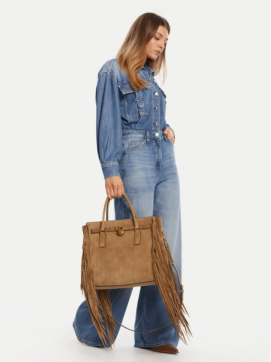 CARTERA MICHAEL KORS HAMILTON MODERNE LG SATCHEL DE CUERO GAMUZA CAMEL CON FLECOS - 3