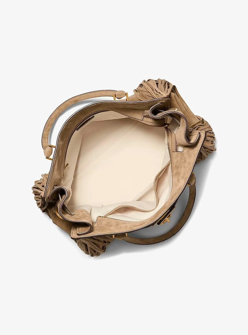 CARTERA MICHAEL KORS HAMILTON MODERNE LG SATCHEL DE CUERO GAMUZA CAMEL CON FLECOS - 4