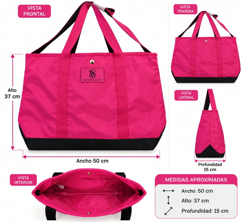 BOLSO TOTE VICTORIA’S SECRET FUCSIA CON NEGRO – BOLSO DE VIAJE, GIMNASIO Y USO DIARIO - 3