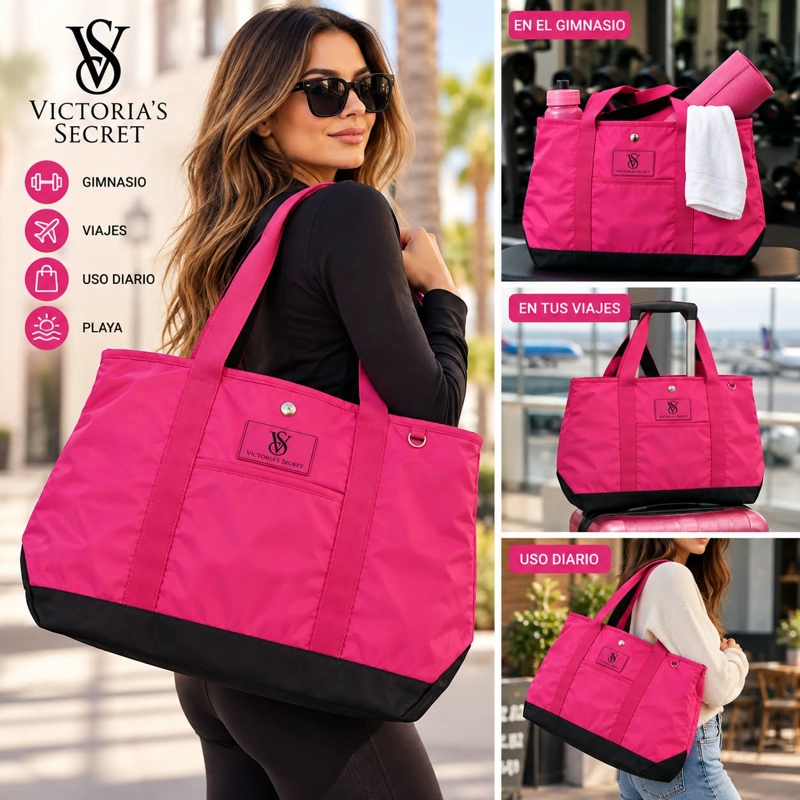 BOLSO TOTE VICTORIA’S SECRET FUCSIA CON NEGRO – BOLSO DE VIAJE, GIMNASIO Y USO DIARIO - 4