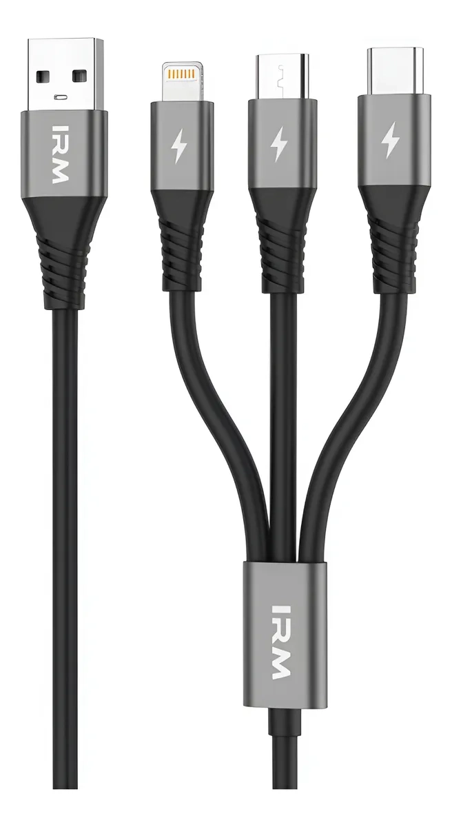 IRM CABLE MULTICARGADOR COMPATIBLE CON IPHONE TIPO C Y MICRO V8 NEGRO