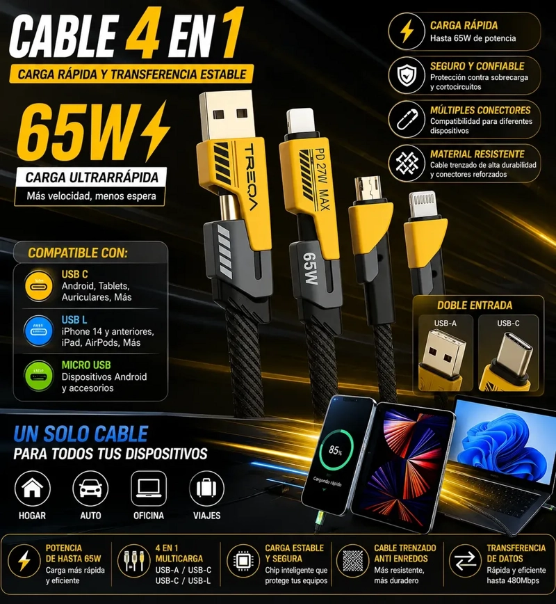 CABLE TREQA USB C 4 EN 1 MULTICONECTOR CARGA Y DATOS COMPATIBLE CON IPHONE - 2