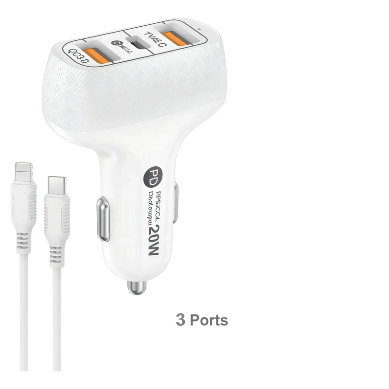 CARGADOR DE AUTO PARA IPHONE COLOR BLANCO CON CABLE 20W ALTA VELOCIDAD CARGA RAPIDA - 1
