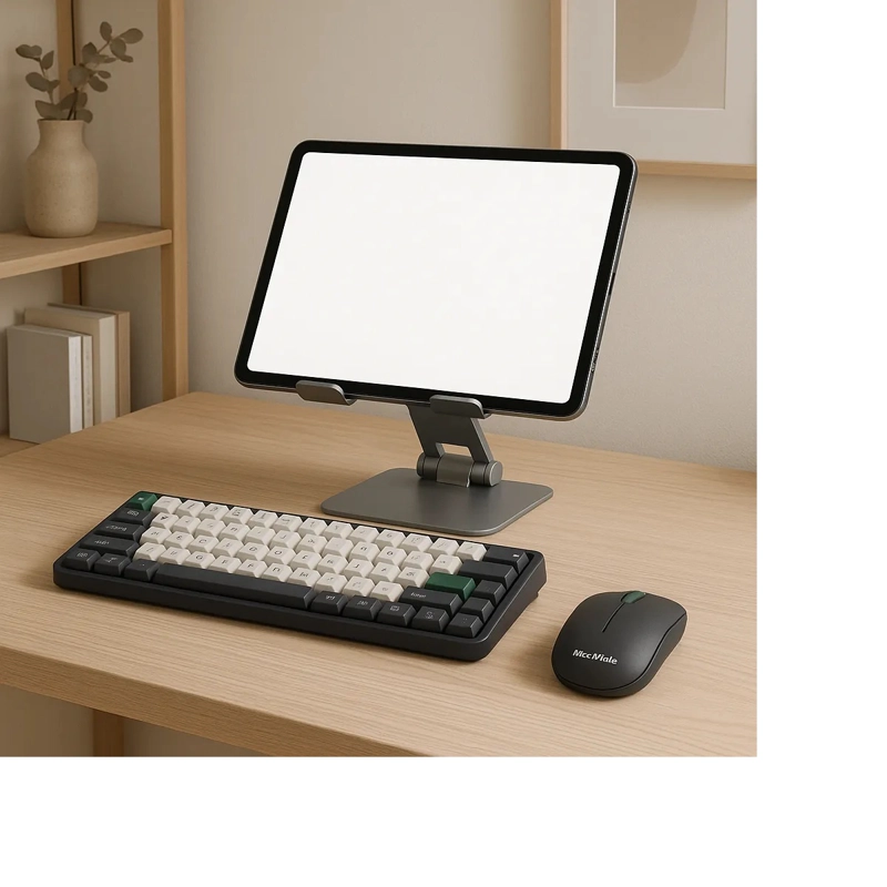 KIT SOPORTE TABLET + TECLADO Y MOUSE BLUETOOTH RECARGABLES GRIS - 1