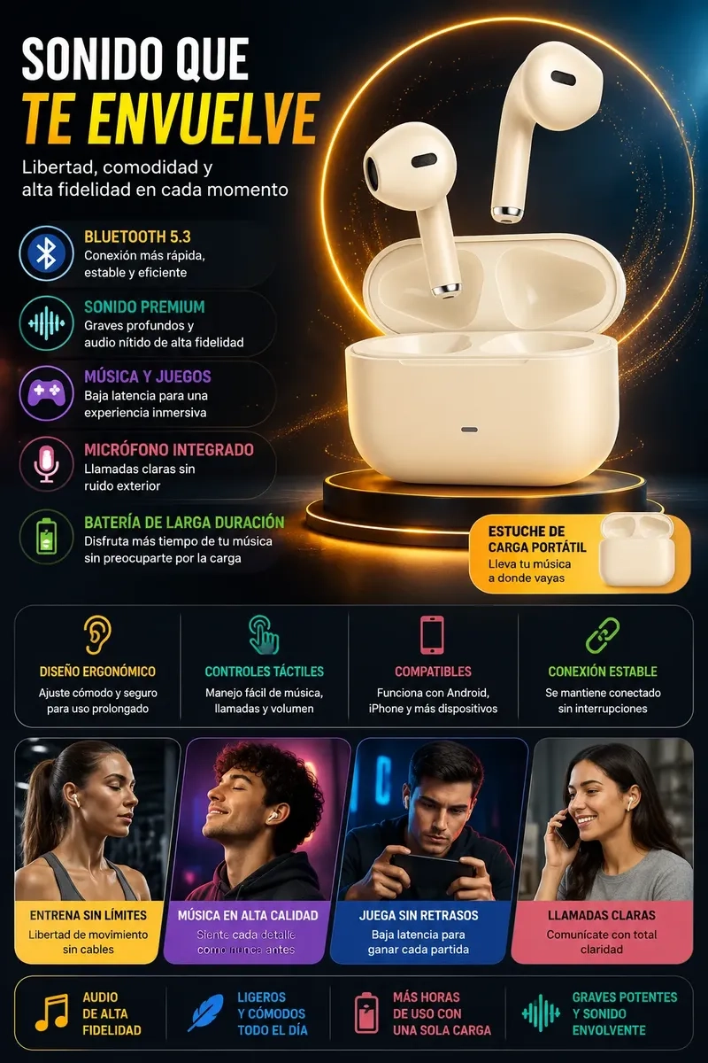 AUDÍFONOS INALÁMBRICOS BLUETOOTH HT09 ALTA FIDELIDAD CON ESTUCHE DE CARGA - 2