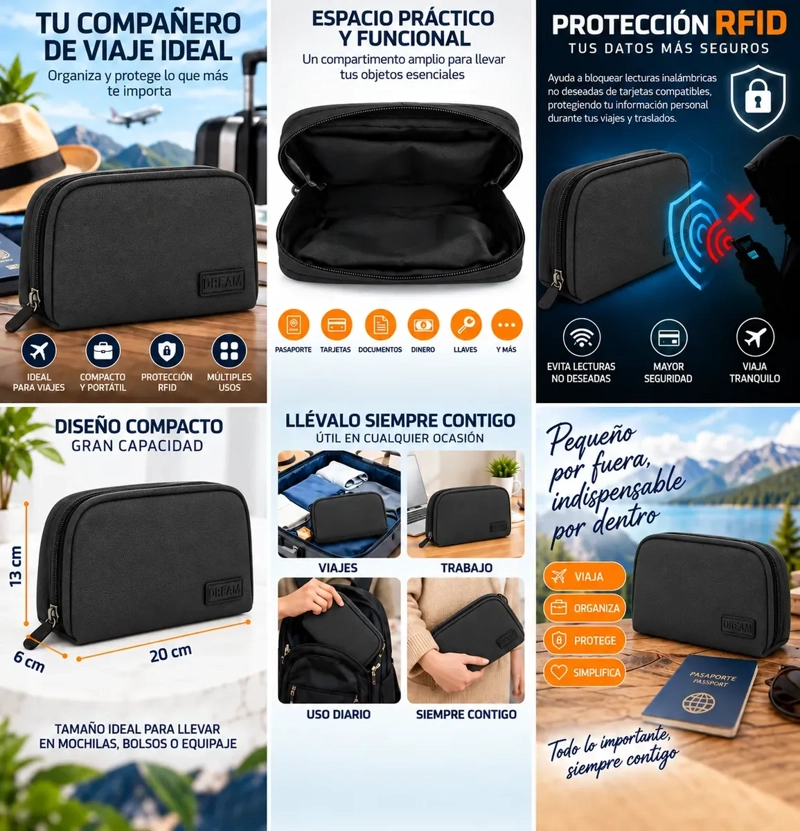 BOLSO ORGANIZADOR COMPACTO CON PROTECCIÓN RFID PARA VIAJE Y ACCESORIOS - 9