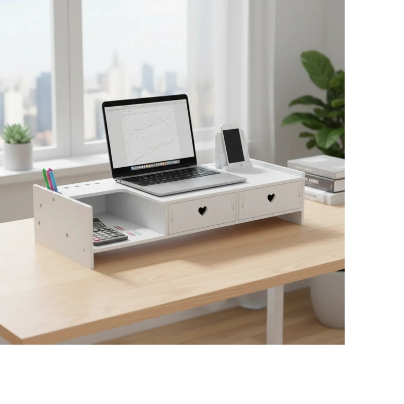 SOPORTE ELEVADOR PARA MONITOR O LAPTOP - ARMABLE - CON 2 GAVETAS ORGANIZADORAS - 2