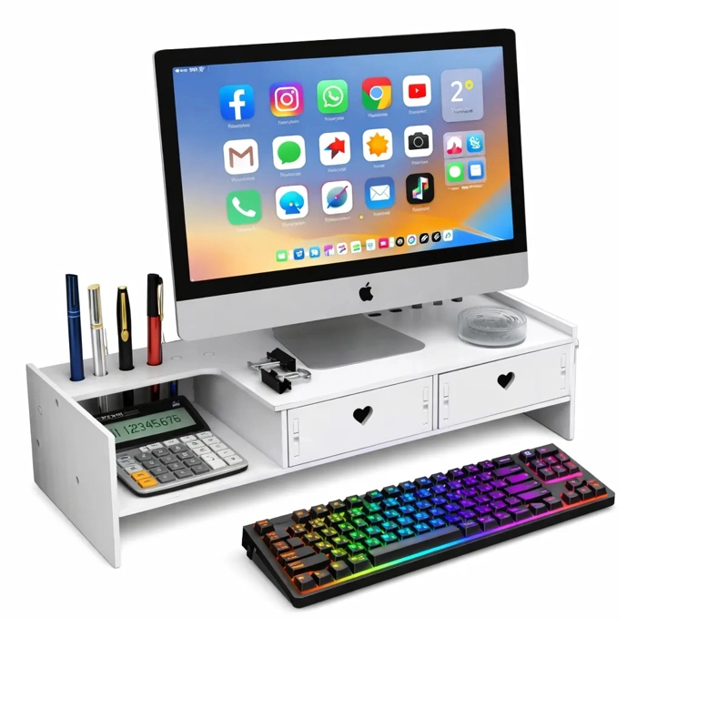 SOPORTE ELEVADOR PARA MONITOR O LAPTOP - ARMABLE - CON 2 GAVETAS ORGANIZADORAS - 4