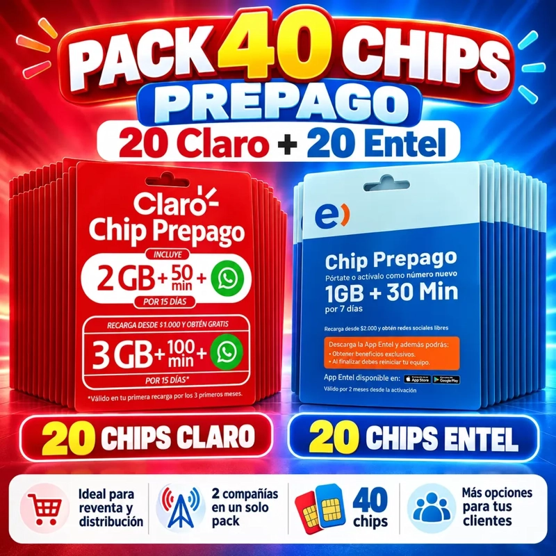PACK 40 CHIPS SIM PREPAGO CLARO Y ENTEL PARA CELULARES - 4