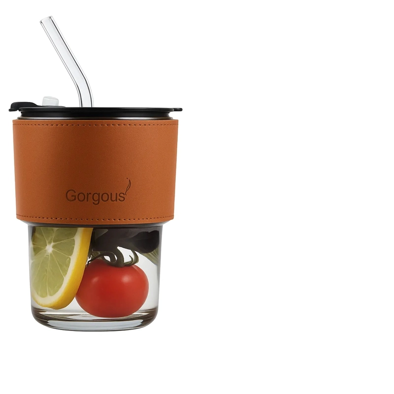 VASO DE VIDRIO FUNDA DE CUERO PARA BEBIDAS CALIENTES Y FRIAS TRASLUCIDO - 1