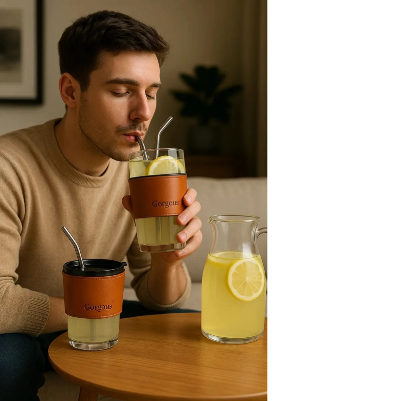 VASO DE VIDRIO FUNDA DE CUERO PARA BEBIDAS CALIENTES Y FRIAS TRASLUCIDO - 2