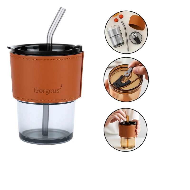 VASO DE VIDRIO FUNDA DE CUERO PARA BEBIDAS CALIENTES Y FRIAS TRASLUCIDO - 3